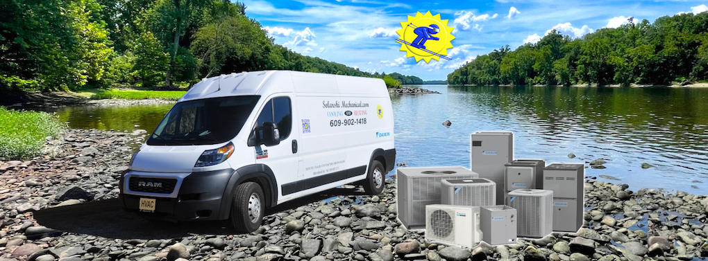 Graphic HVAC Service Truck with Furnaces and Air Conditioners with a Scenic Background